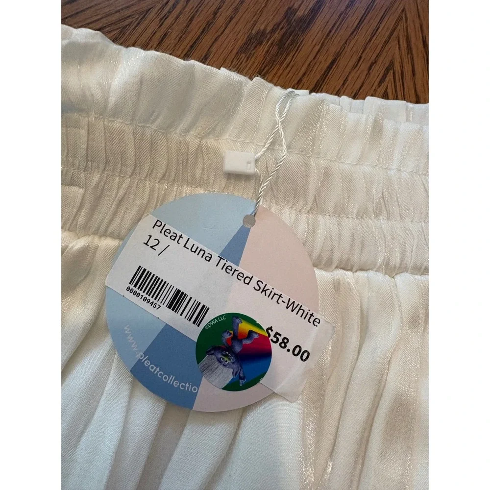 Pleat‎ Luna Tiered Skirt White Shimmer Ruffle Smocked Waist Kids Size 12 NWT